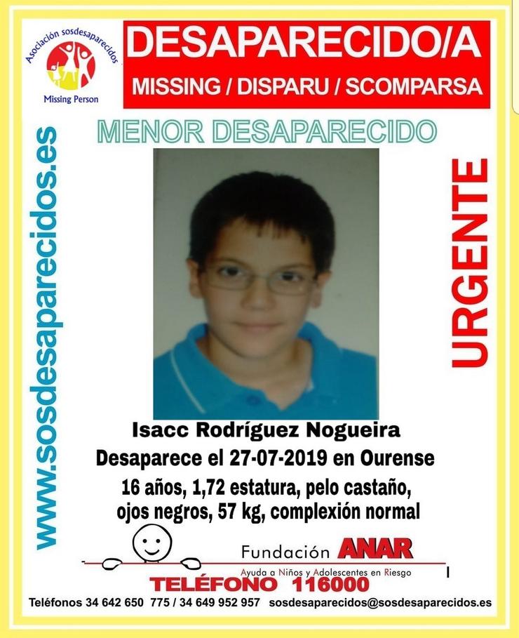 Cartel de SOS Desaparecidos pola búsquerda de Isaac Rodríguez Nogueira, un menor de 16 anos que non regresou ao centro de menores no que permanecía interno en Ourense.. SOS DESAPARECIDOS 