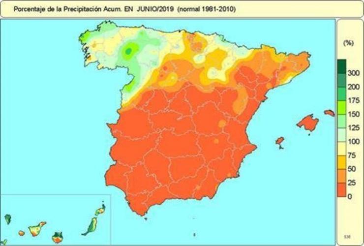 Mapa de precipitacións acumuladas en xuño de 2019. AEMET 