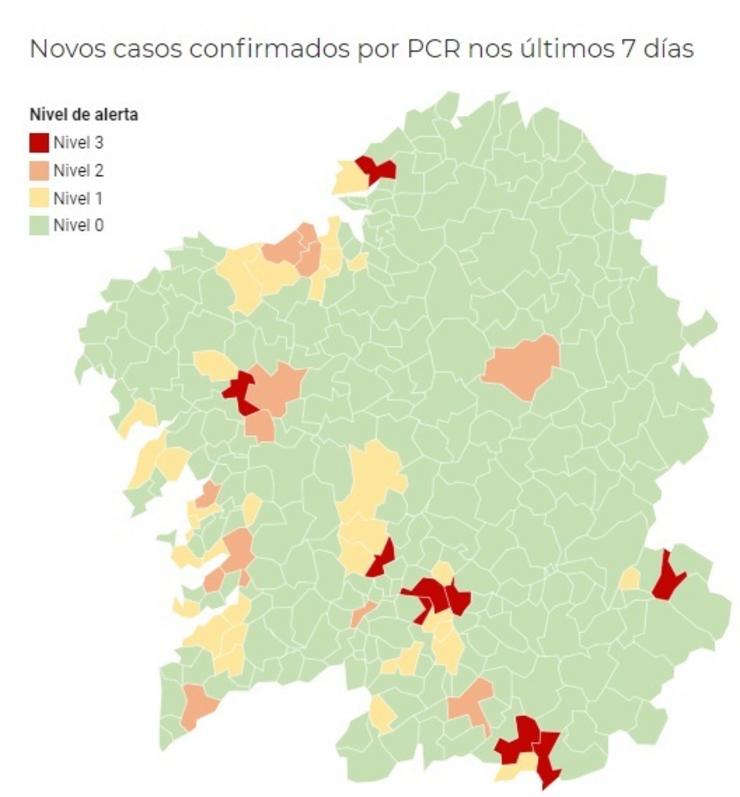 Mapa publicado pola Consellería de Sanidade coa incidencia da pandemia do coronavirus en cada concello.