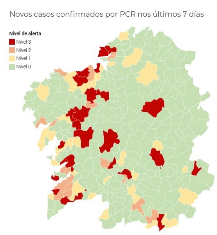 Mapa de Galicia coa incidencia do coronavirus por municipios, a 23 de outubro de 2020.. CONSELLERÍA DE SANIDADE 