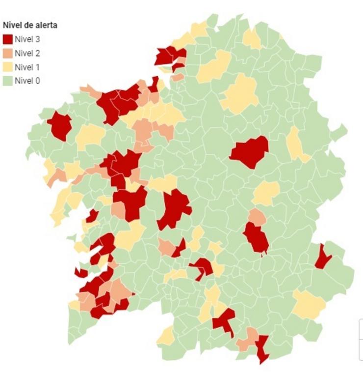 Mapa de alertas de Sanidade sobre a incidencia do covid por municipo a 25 de outubro de 2020. SERGAS / Europa Press