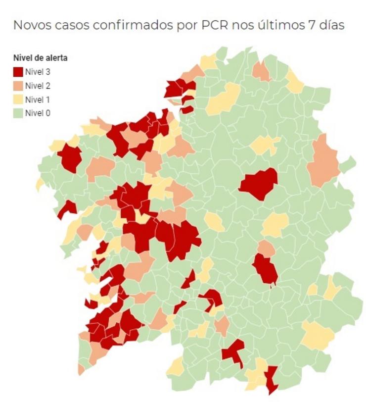 Incidencia do coronavirus a 7 días por municipios galegos, actualizado a 30 de outubro de 2020.. CONSELLERÍA DE SANIDADE / Europa Press