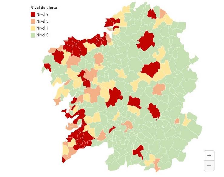 Mapa de incidencia do COVID nos últimos 7 días en Galicia, a 11 de novembro de 2020, segundo os datos publicados polo Sergas.. CONSELLERÍA DE SANIDADE 
