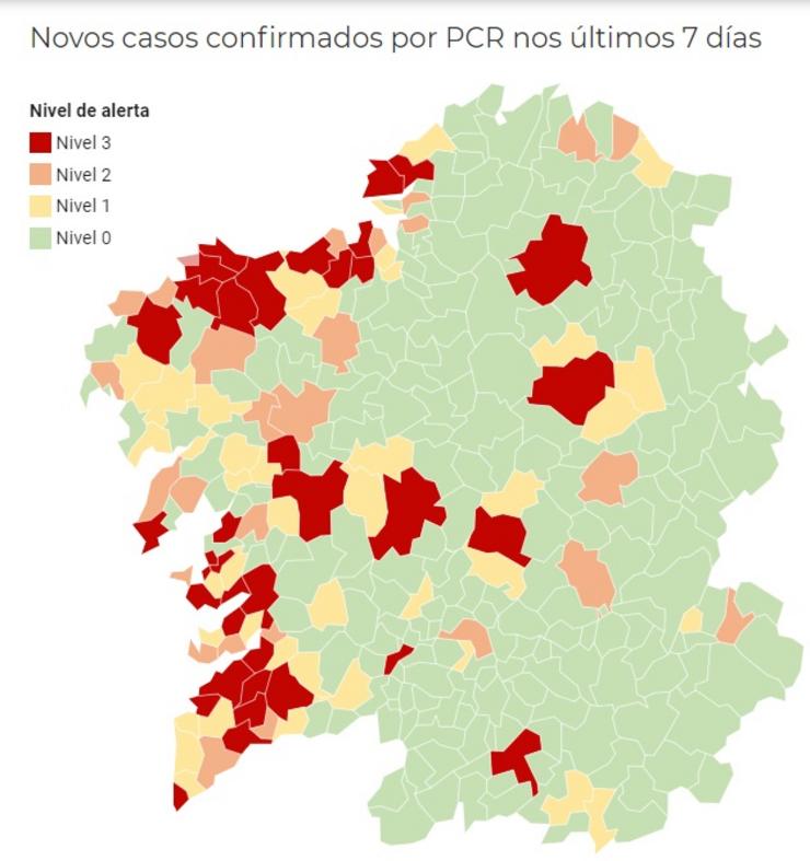 Mapa de Galicia coa incidencia da pandemia do coronavirus por municipios, a 13 de novembro de 2020.. CONSELLERÍA DE SANIDADE / Europa Press