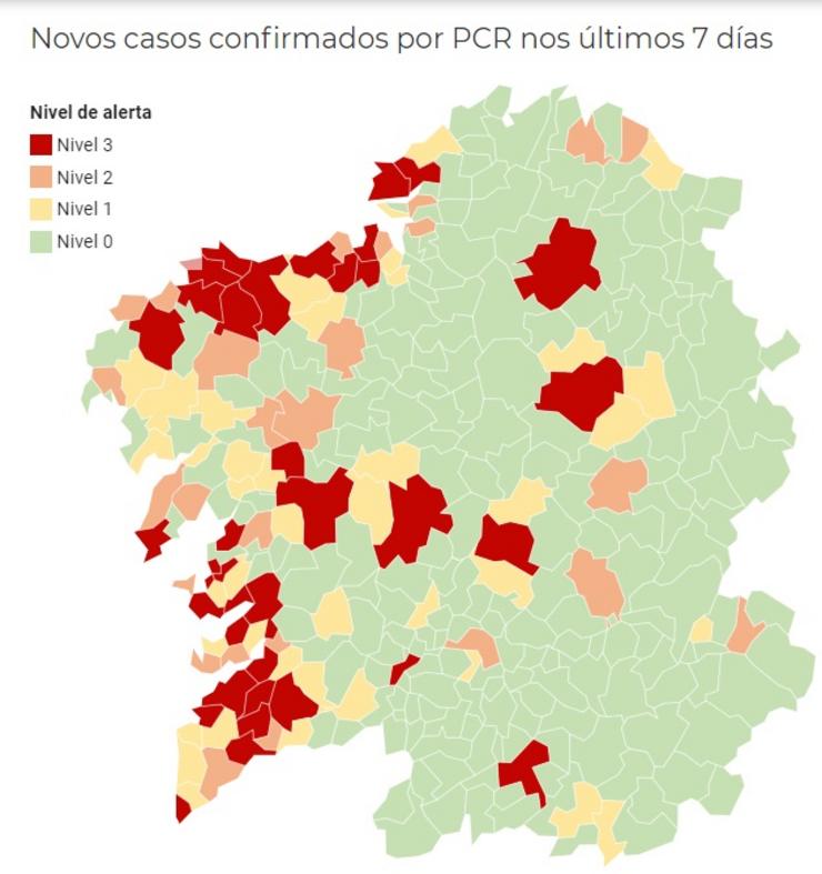 Mapa de Galicia coa incidencia da pandemia do coronavirus por municipios, a 13 de novembro de 2020.. CONSELLERÍA DE SANIDADE 