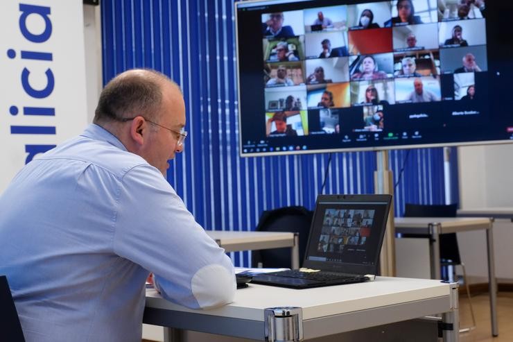 O secretario xeral do PP galego, Miguel Tellado, en reunión telemática cos deputados, senadores e o eurodeputado do PP este mércores, na que analizou as emendas do seu partido ao PGE. PARTIDO POPULAR 