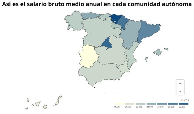 Así é o salario bruto medio anual en cada comunidade autónoma. EPDATA / Europa Press