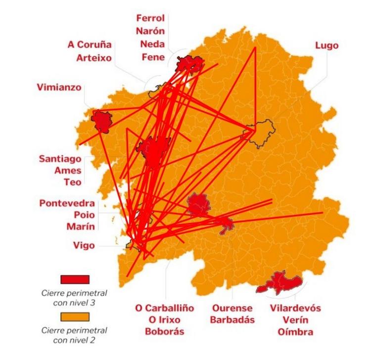 Mapa de desprazamentos de equipos federados na primeira fin de semana de novembro