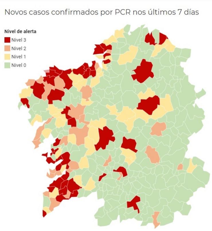 Mapa de municipios de Galicia en alerta pola incidencia do coronavirus, a 9 de novembro de 2020.. CONSELLERÍA DE SANIDADE 