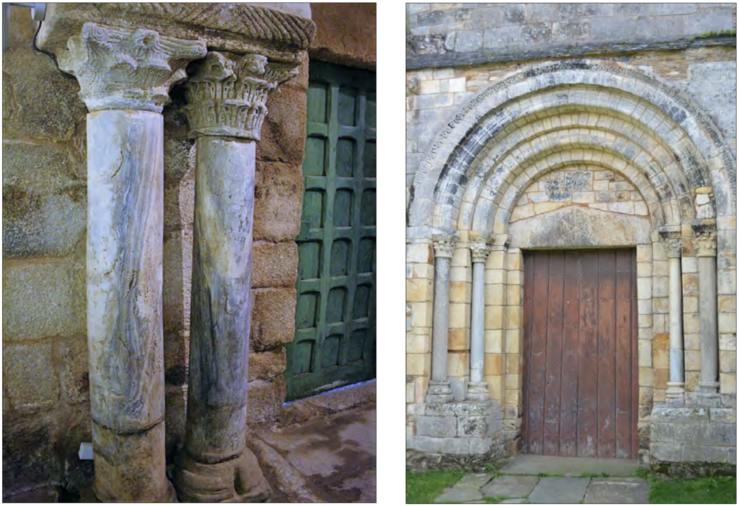 Columnas sustentando o arco triunfal da igrexa de Santa Comba de Bande (esquerda) e fachada principal de San Martiño de Mondoñedo de Foz 