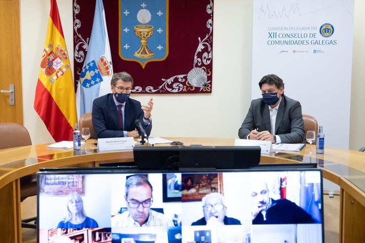 O titular da Xunta, Alberto Núñez Feijóo, participa por videoconferencia en clausúraa do encontro da Comisión Delegada do XXII Consello de Comunidades Galegas. DAVID CABEZÓN @ XUNTA DE GALICI 