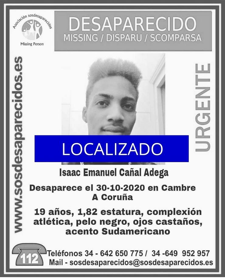 Localizado o mozo de 19 anos Isaac Emanuel Cañal Adega, desaparecido en Cambre (A Coruña) o pasado 30 de outubro.. SOS DESAPARECIDOS 