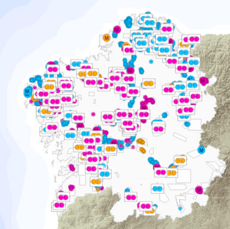 Mapa cos diferentes proxectos eólicos en Galicia 