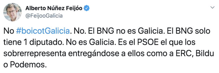 Mensaxe de Feijóo en Twitter contra un boicot a Galicia.