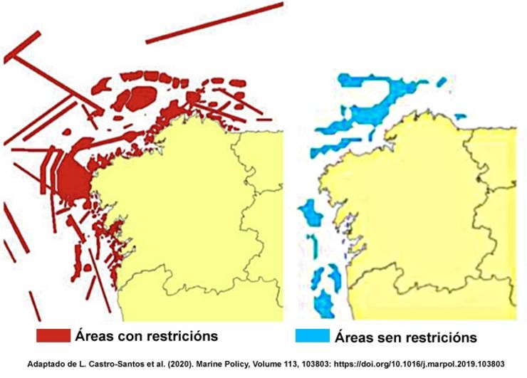 Mapas de áreas con restricións e recomendadas para a instalación de parques eólicos mariños en Galicia.