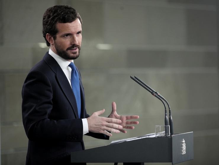 O presidente do PP, Pablo Casado, en rolda de prensa tras a súa reunión co presidente do Goberno, Pedro Sánchez, en Madrid (España), a 17 de febreiro de 2020.. Eduardo Parra - Europa Press 