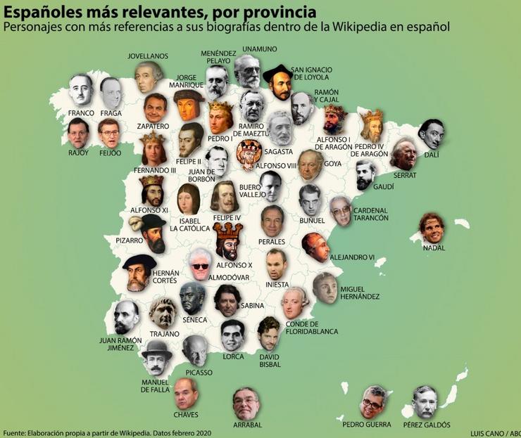 Mapa por provincias das personaxes máis relevantes da historia de España. // ABC. Recuperado de Twitter