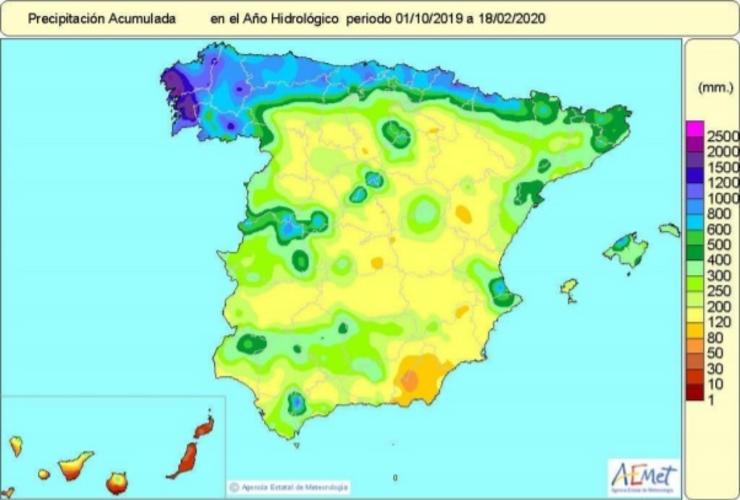 Precipitacións acumuladas en España desde o pasado 1 de outubro de 2019 ata o 18 de febreiro de 2020. AEMET 