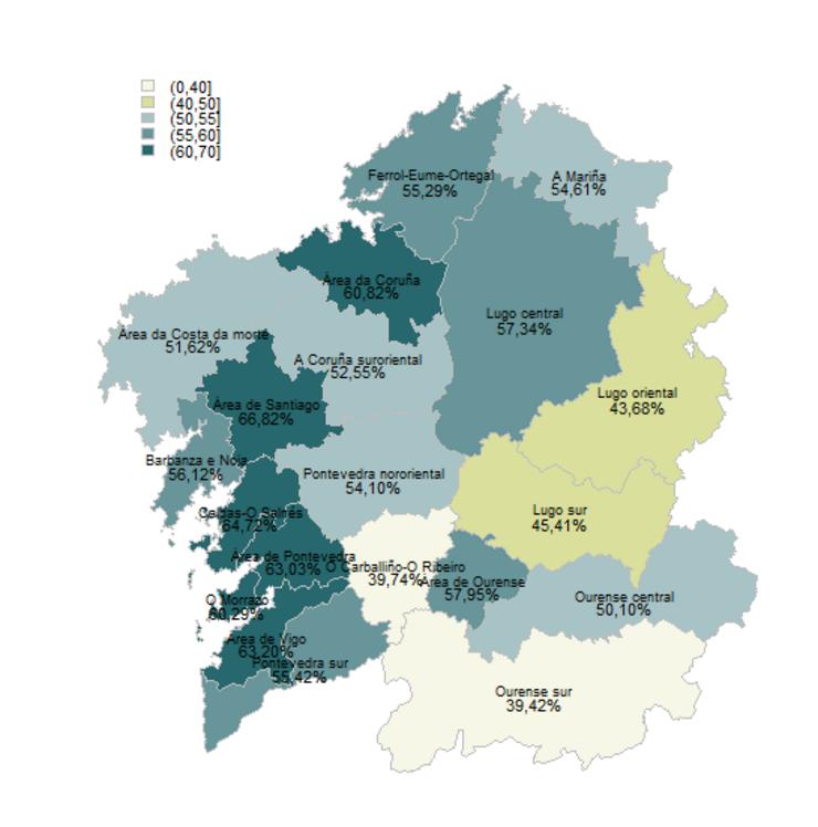 Incidencia dos fogares con persoas asalariadas sobre o total de fogares por áreas (2018) | IGE- Arquivo