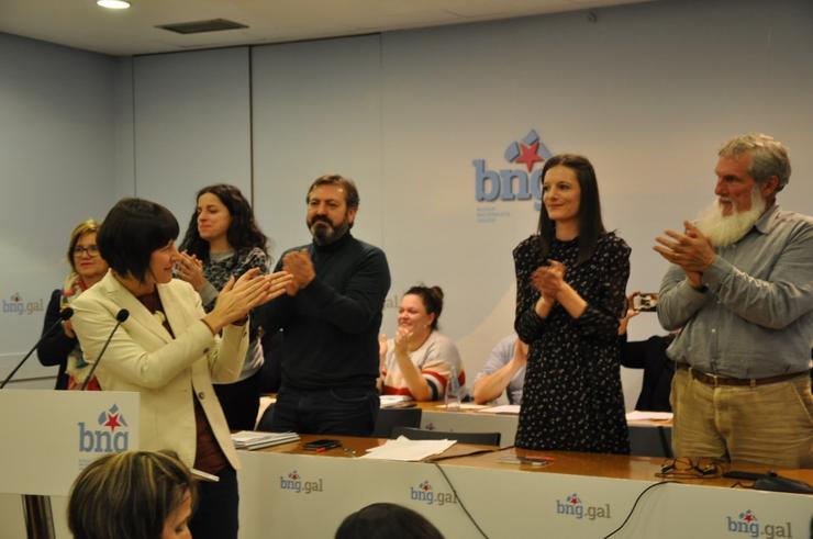 A portavoz nacional do BNG, Ana Pontón, e o resto de candidatos no Consello Nacional do partido celebrado este sábado en Santiago onde se anunciaron as candidaturas de face ao 5A. BNG / Europa Press