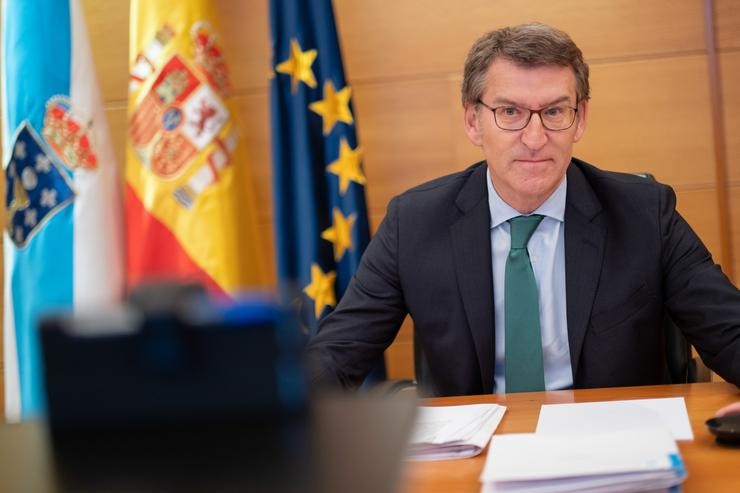 O presidente da Xunta, Alberto Núñez Feijóo, na reunión por videoconferencia con Pedro Sánchez 