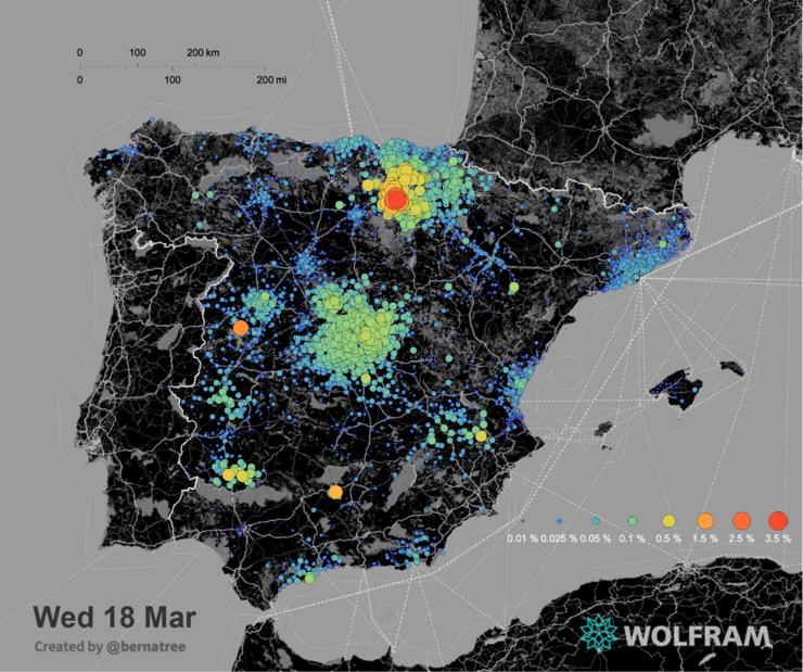 Mapa da poboación que se estima que se contaxiou co coronavirus COVID-19 por contacto local en España até o 18 de marzo / Bernat Espigulé.