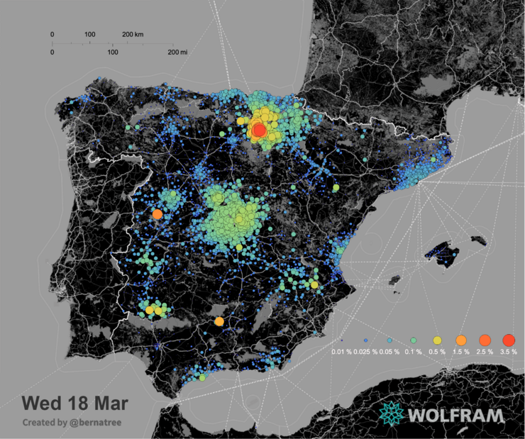 Mapa da poboación que se estima que se contaxiou co coronavirus COVID-19 por contacto local en España até o 18 de marzo 