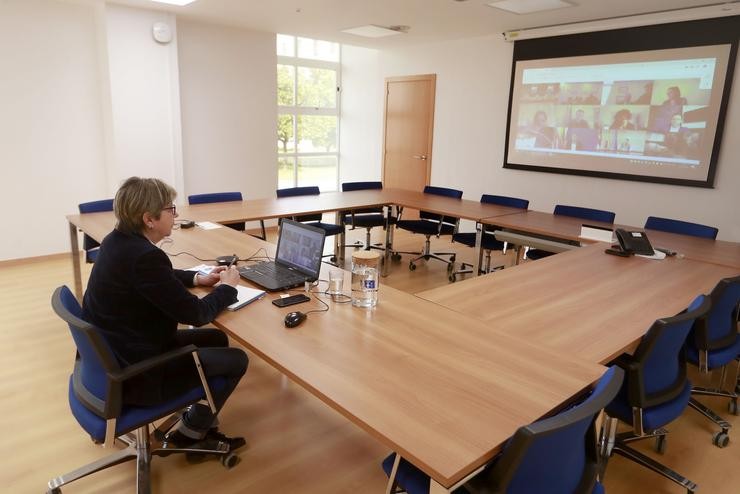 A conselleira do Mar, Rosa Quintana, participa nunha videoconferencia co ministro Luís Planas. XUNTA 