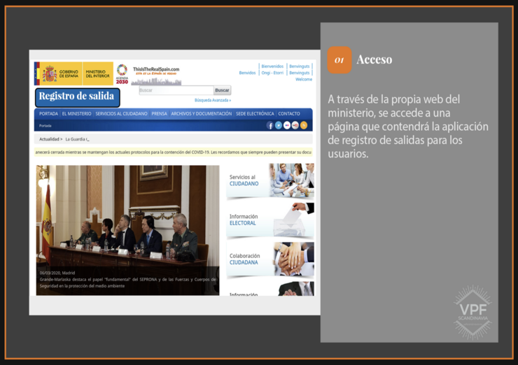 Captura dunha simulación de como sería a solución web deseñada polos socios fundadores galegos de VPF Scandinavia AS para o sitio web do Ministerio do Interior para coñecer a situación real da pandemia da COVID-19 en España e controlar os desprazamentos dos cidadáns.