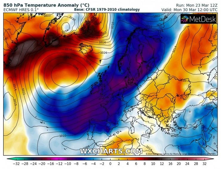 Evolución da masa de aire polar para o domingo 