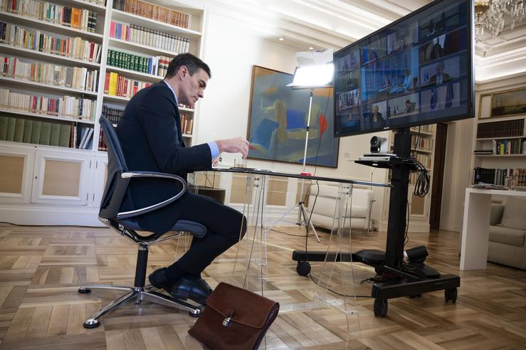 Pedro Sánchez participa no Consello Europeo por videoconferencia o 26 de marzo. MONCLOA/ BORJA PUIG DA  BELLACASA / Europa Press