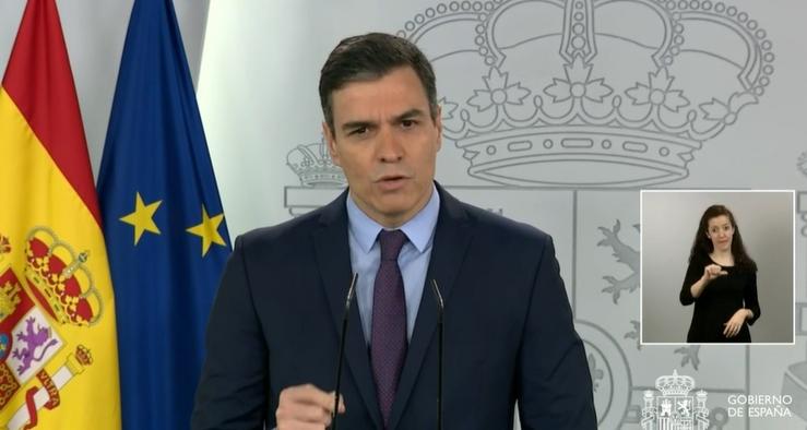 O presidente do Goberno, Pedro Sánchez, na rolda de prensa tras a videoconferencia cos presidentes autonómicos. 