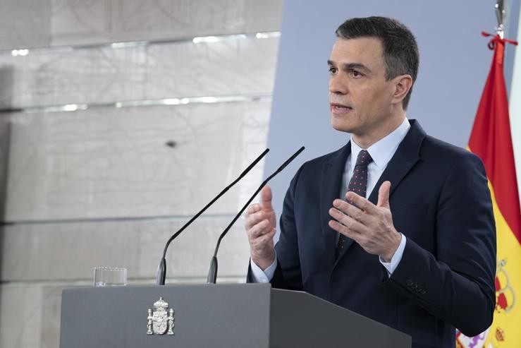 O presidente do Goberno, Pedro Sánchez, durante a comparecencia para informar sobre o Covid-19 onde anunciou que volverá pedir ao Congreso unha nova prórroga do estado de alarma.. Moncloa