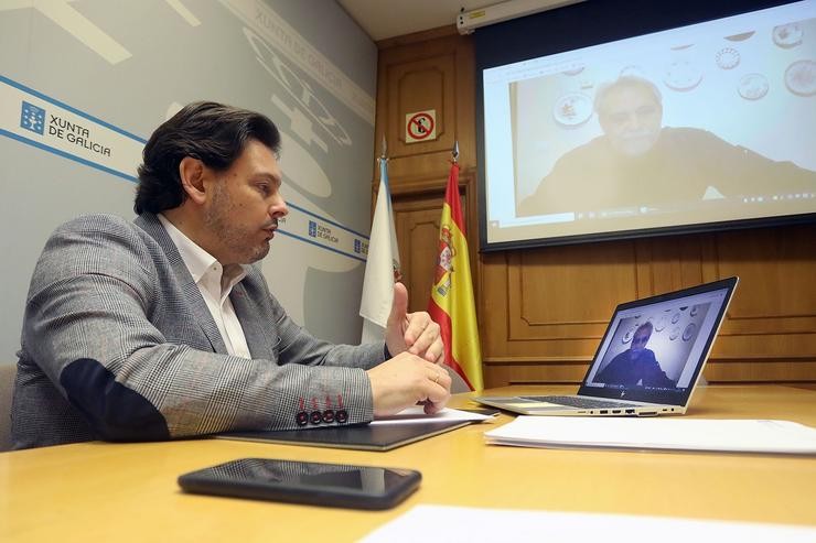 O secretario xeral de Emigración, Antonio Rodríguez Miranda, nunha reunión por videoconferencia. XUNTA