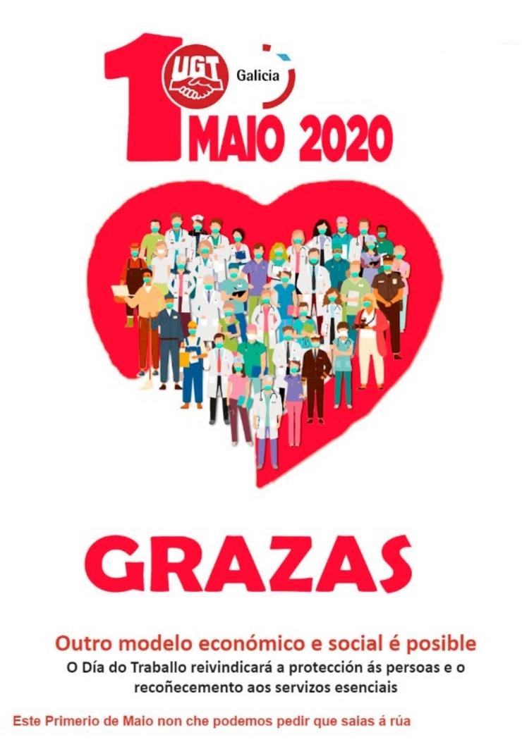 Cartel de UGT Galicia polo 1 de maio de 2020. UXT / Europa Press