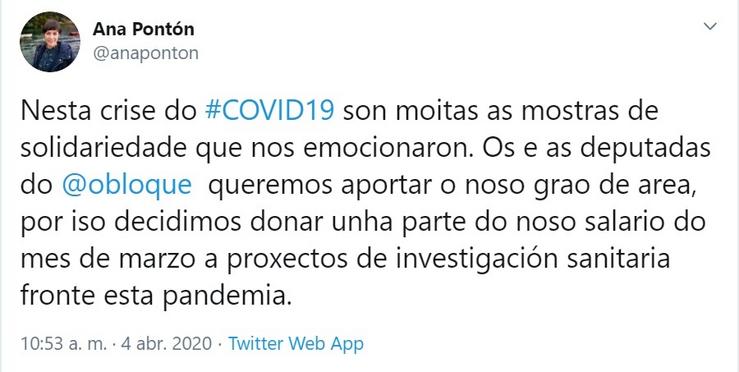 Publicación da portavoz nacional do BNG, Ana Pontón, en Twitter. IMAXE CAPTURADA DE TWITTER 