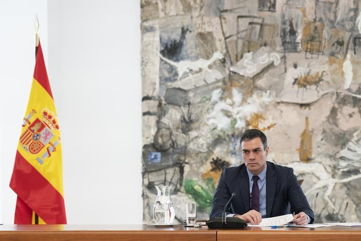 O presidente do Goberno, Pedro Sánchez, na reunión do Comité Técnico de Xestión da Covid-19, en Madrid (España) a 4 de abril de 2020.. Moncloa 