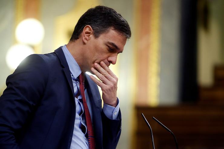 O presidente do Goberno, Pedro Sánchez, durante a súa intervención no pleno celebrado este xoves no Congreso para aprobar unha nova prórroga do estado de alarma, nun debate no que tamén se abordará a nova fase que se abrirá nas próxima. Pool 