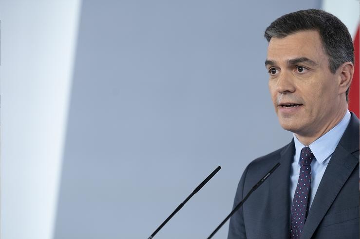 O presidente do Goberno, Pedro Sánchez, durante a súa comparecencia para dar conta das últimas determinacións sobre a crise do Covid-19. En Madrid, (España), a 9 de maio de 2020.. Moncloa