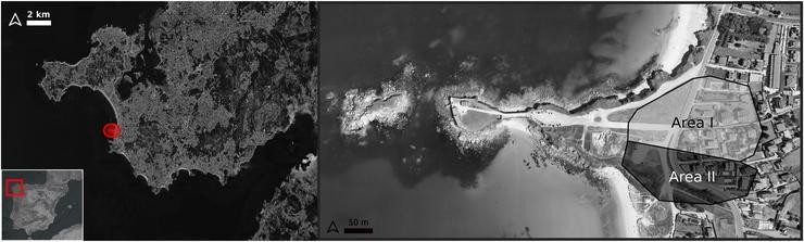 Vista aérea da Lanzada coa situación aproximada da Área I - Romana, Área II - post-romana / Journal of Archaeological Science Volume 119, July 2020, 105159.