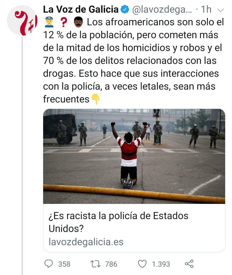 Tuit de La Voz de Galicia considerado ofensivo e racista 