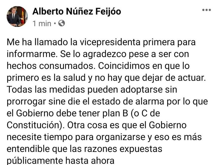 Tweet de Feijóo publicado tras conversar con Carmen Calvo 