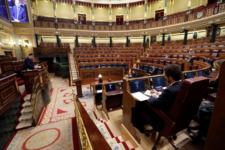 O presidente do Goberno, Pedro Sánchez, durante a súa intervención no Pleno do Congreso. Pool