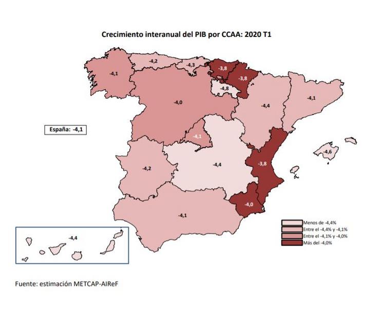 Mapa de España coas previsións de crecemento do PIB por comunidades do primeiro trimestre de 2020, elaborado pola Airef.. AIREF 