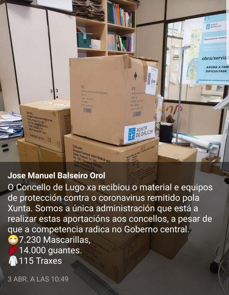 Tuit de José Manuel Balseiro destacando o material que entrega a Xunta