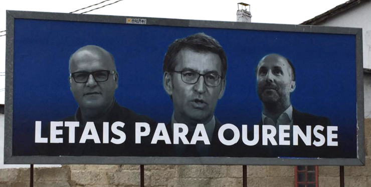 Valo publicitario en Ourense no que saen Baltar, Feijóo e Jácome co lema 'Letais para Ourense'.