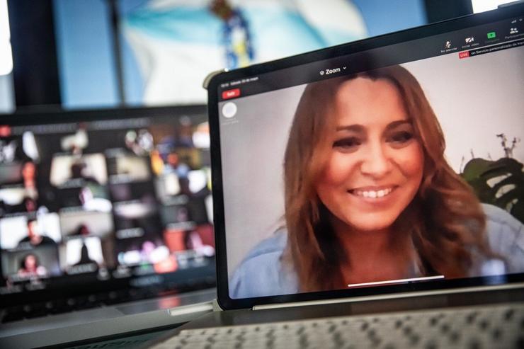 A candidata e portavoz de Cidadáns en Galicia, Beatriz Piñeiro, nunha videoconferencia con militantes galegos. CIDADÁNS 