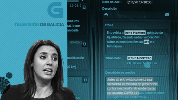 A ministra de Igualdade, Irene Montero, e un pantallazo do programa de xestión de vídeos da TVG/eldiario.es
