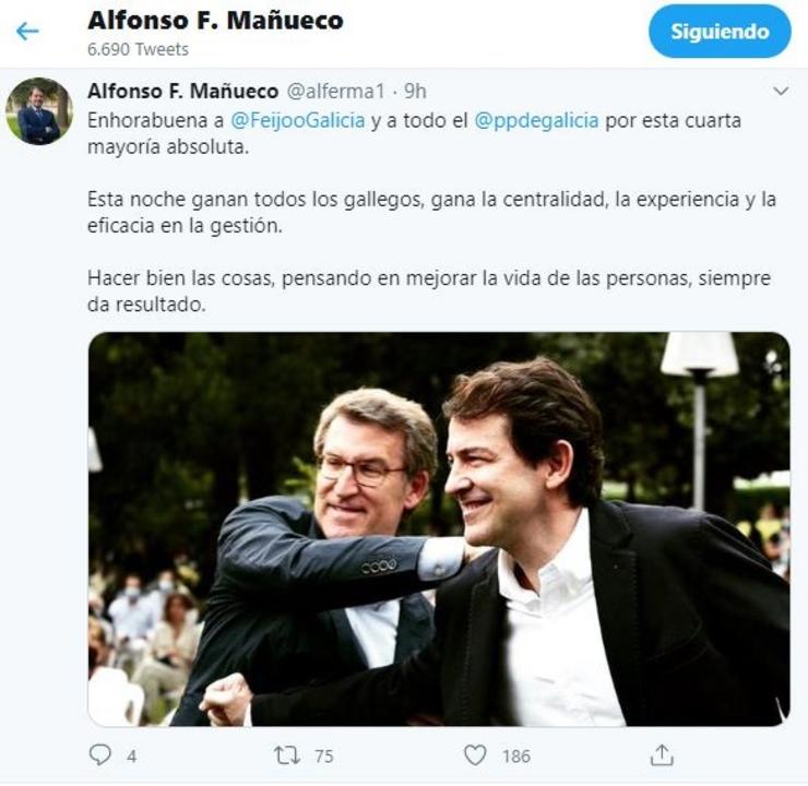 Tuit de Fernández Mañueco no que felicita a Feijoo.