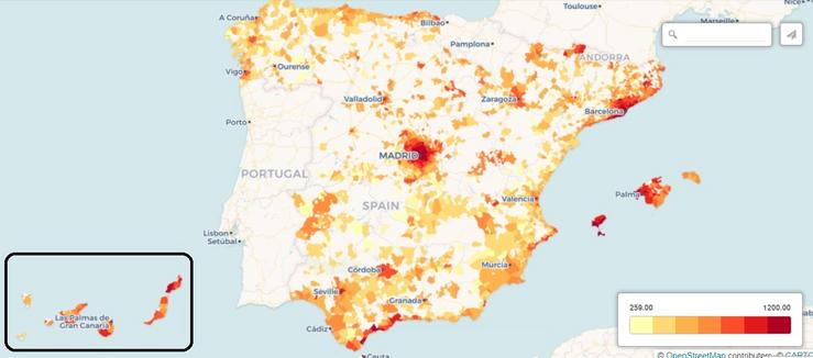 Prezo do aluguer en municipios de España en 2018. EPDATA 